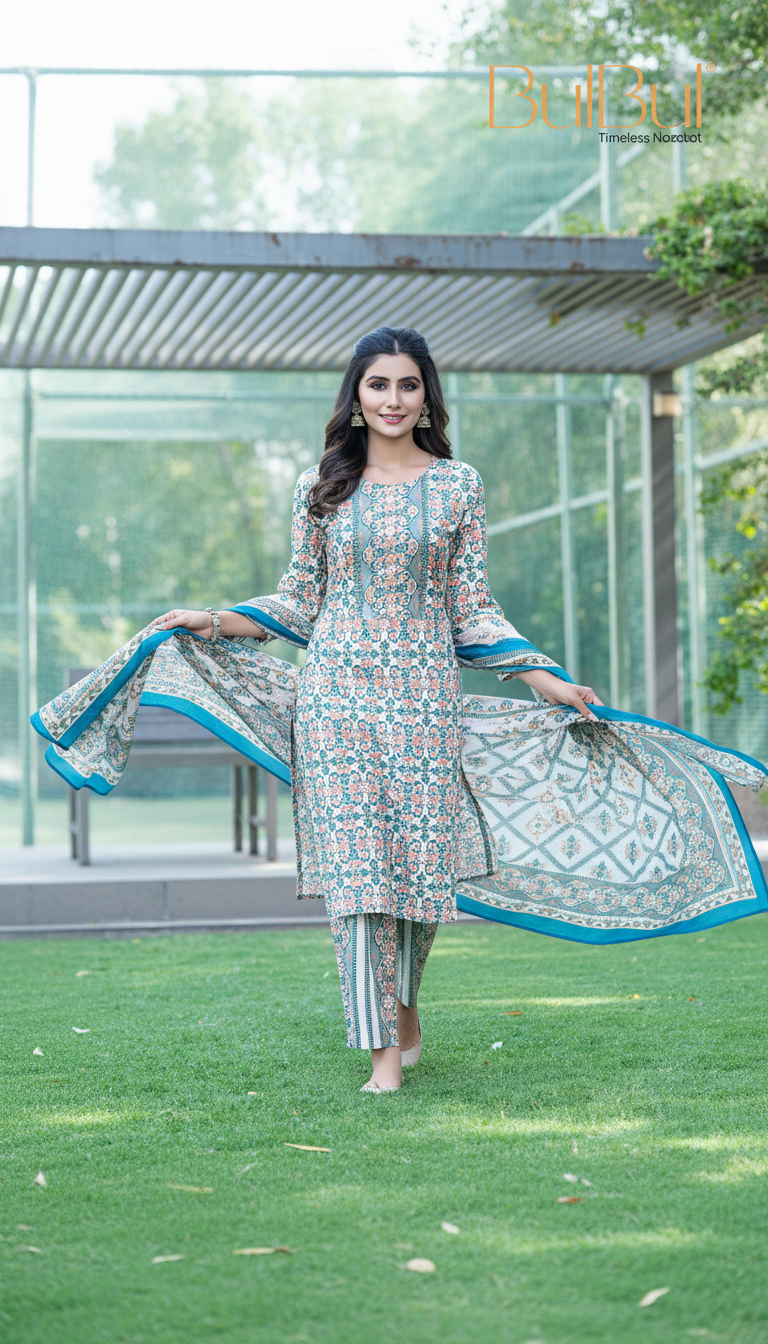 Pure Cotton Green-Blue Printed Kurta Set with Subtle Sequin Detail & Dupatta