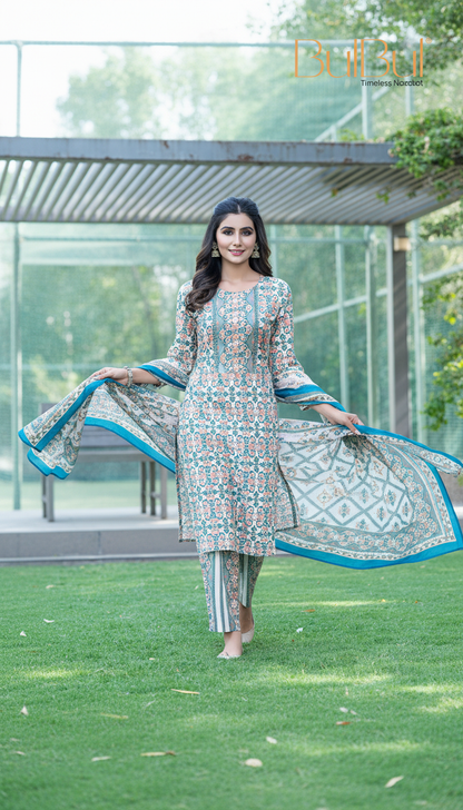 Pure Cotton Green-Blue Printed Kurta Set with Subtle Sequin Detail & Dupatta