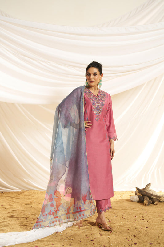 Kayra Blush Pink Hand Bead-Finished Embroidered A-Line Suit Set in Chinnon Silk with Pure Cotton Mul Lining
