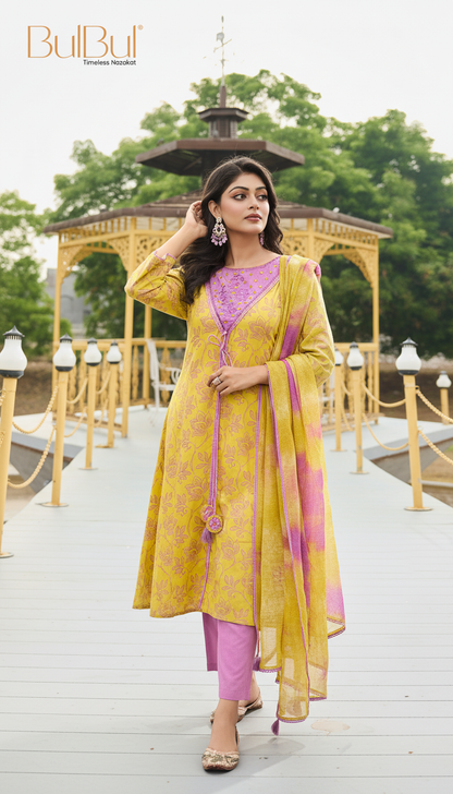 Printed Pure Karina Mustard Floral Cotton Kurta Set with Embroidered and Mirror Work Neckline, Tassel Detailing and Dupatta