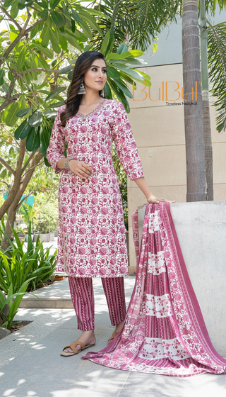 Pure Cotton Wine Floral Printed Kurta Set with Sequin Embellished Neckline & Dupatta