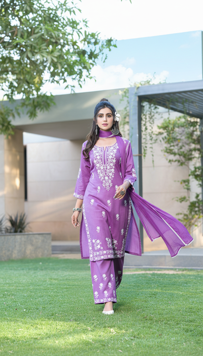 Meher Purple Rayon Kurta Set with Chikankari White Floral Embroidery and Dupatta
