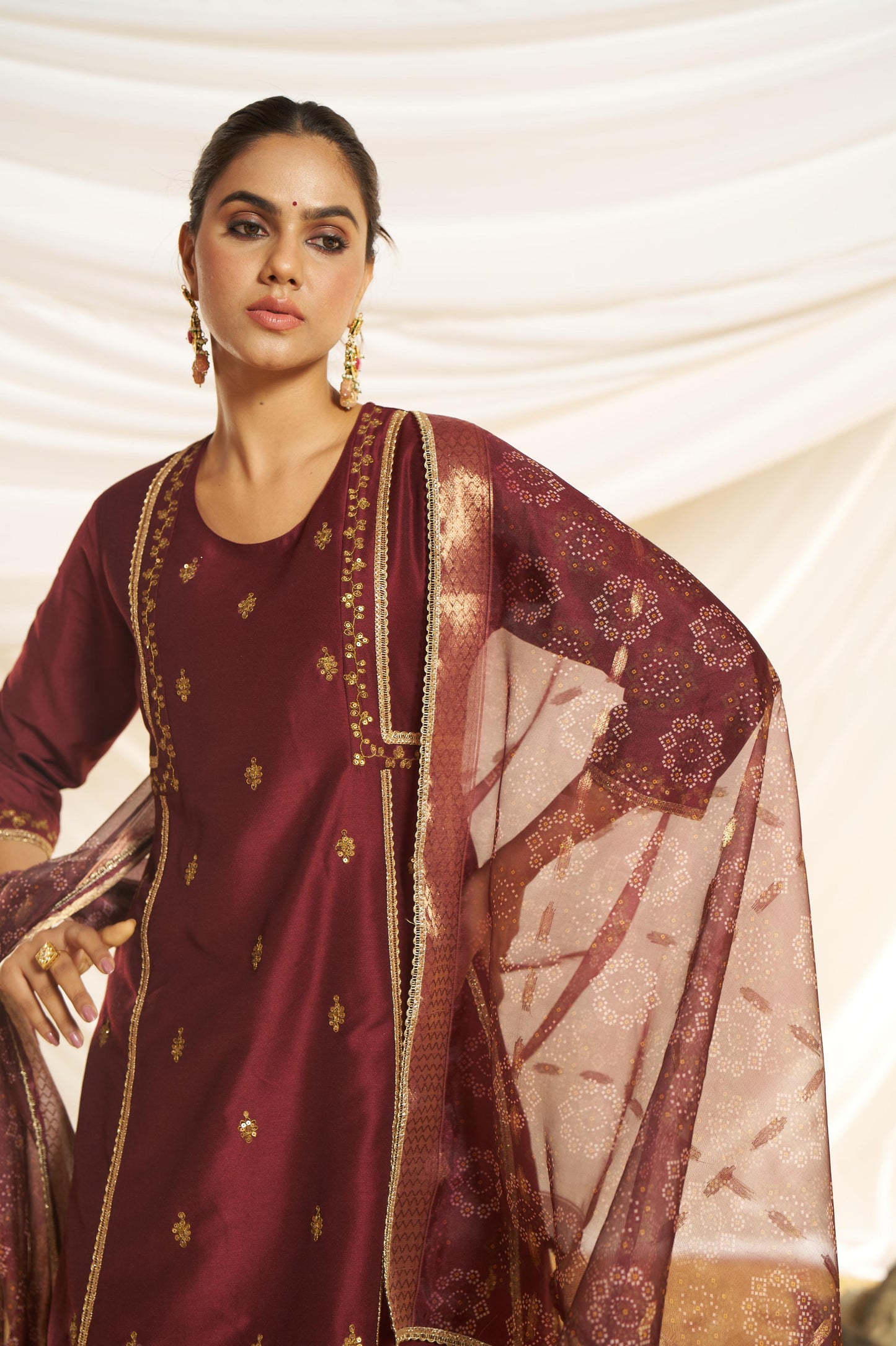 BulBul Women Kayra Maroon Embroidered Premium Silk Suit With Dupatta