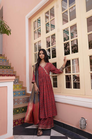 Inayat Chanderi Red Kurta Set with Dupatta - BulBul