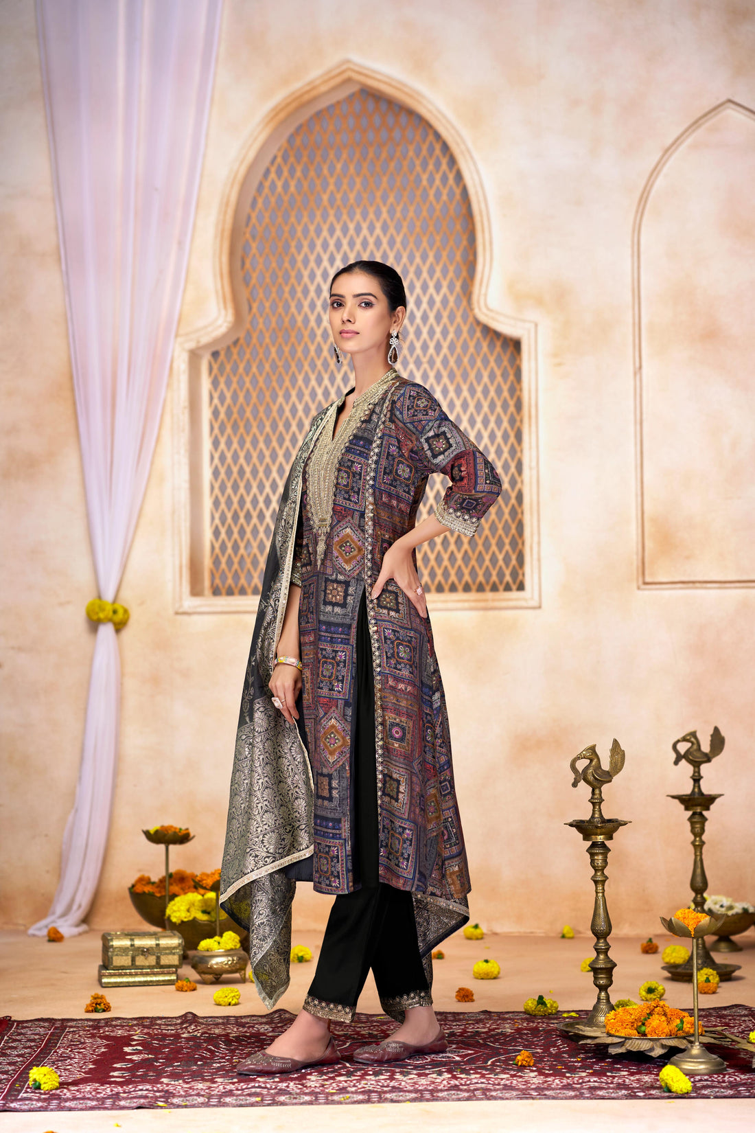 Rashmi Black Hand Thread & Sequins Embellished Suit Set with Zari Woven Jacquard Dupatta in Chanderi Silk with Pure Cotton Mul Lining