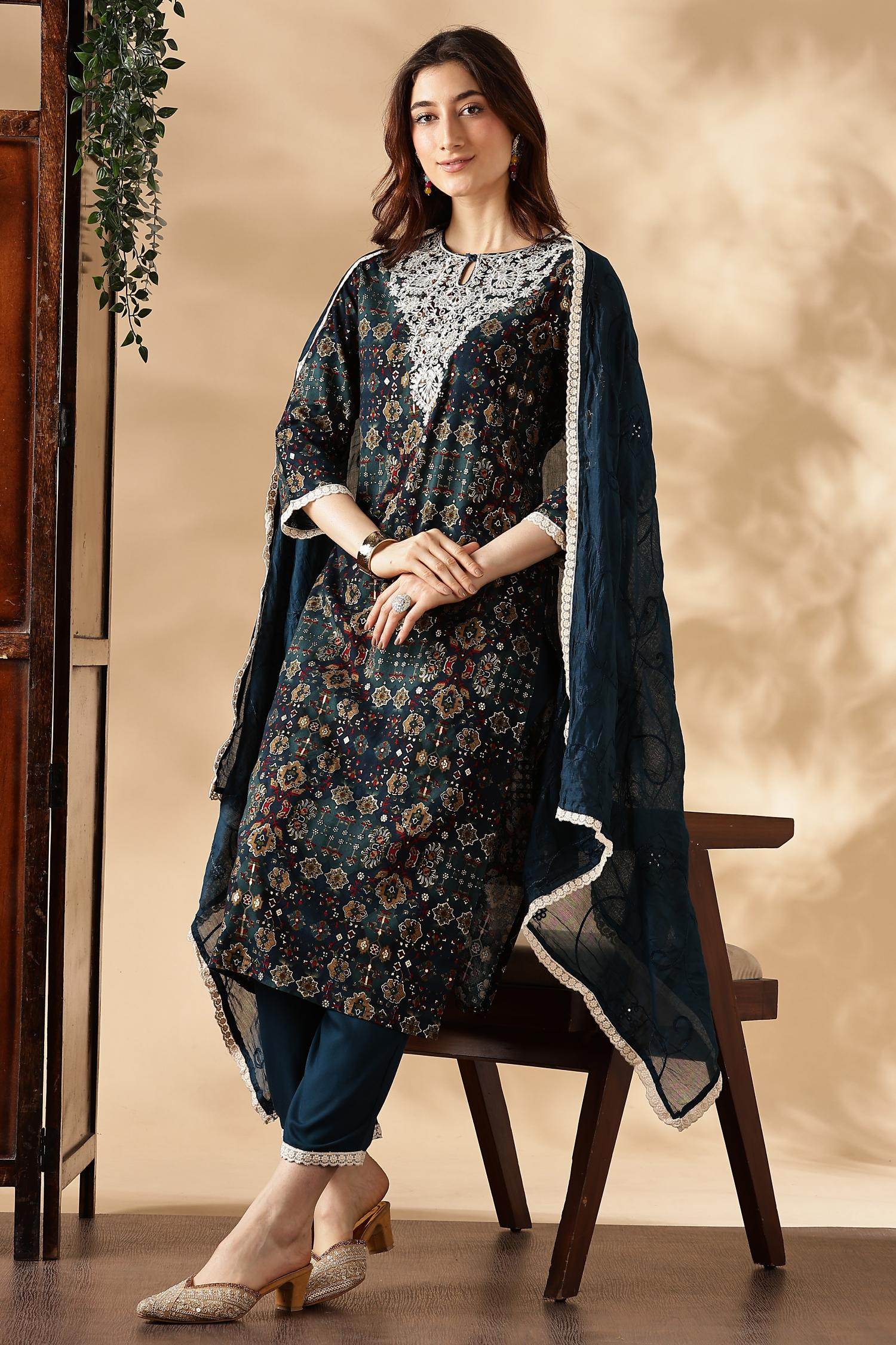 Anjali Rayon Teal Kurta Set with Dupatta - BulBul