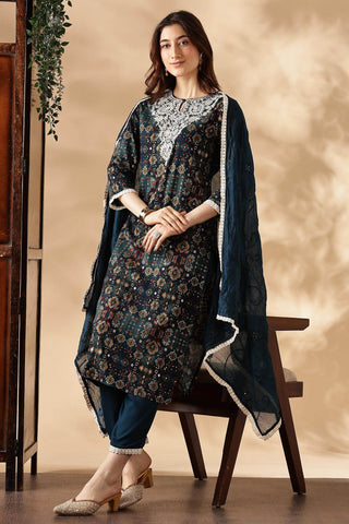 Anjali Rayon Teal Kurta Set with Dupatta - BulBul