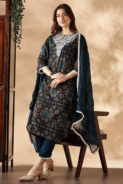 Anjali Rayon Teal Kurta Set with Dupatta - BulBul