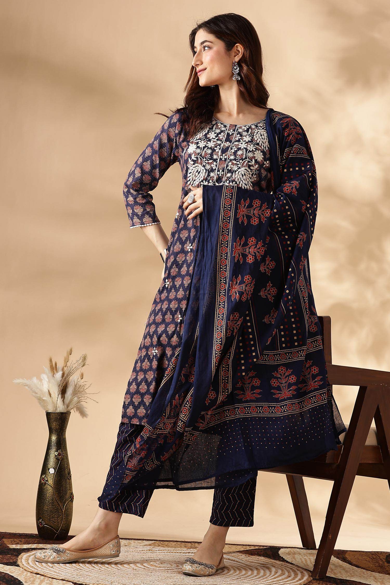 Navy Cotton Abstract Kurta Set with Dupatta - BulBul