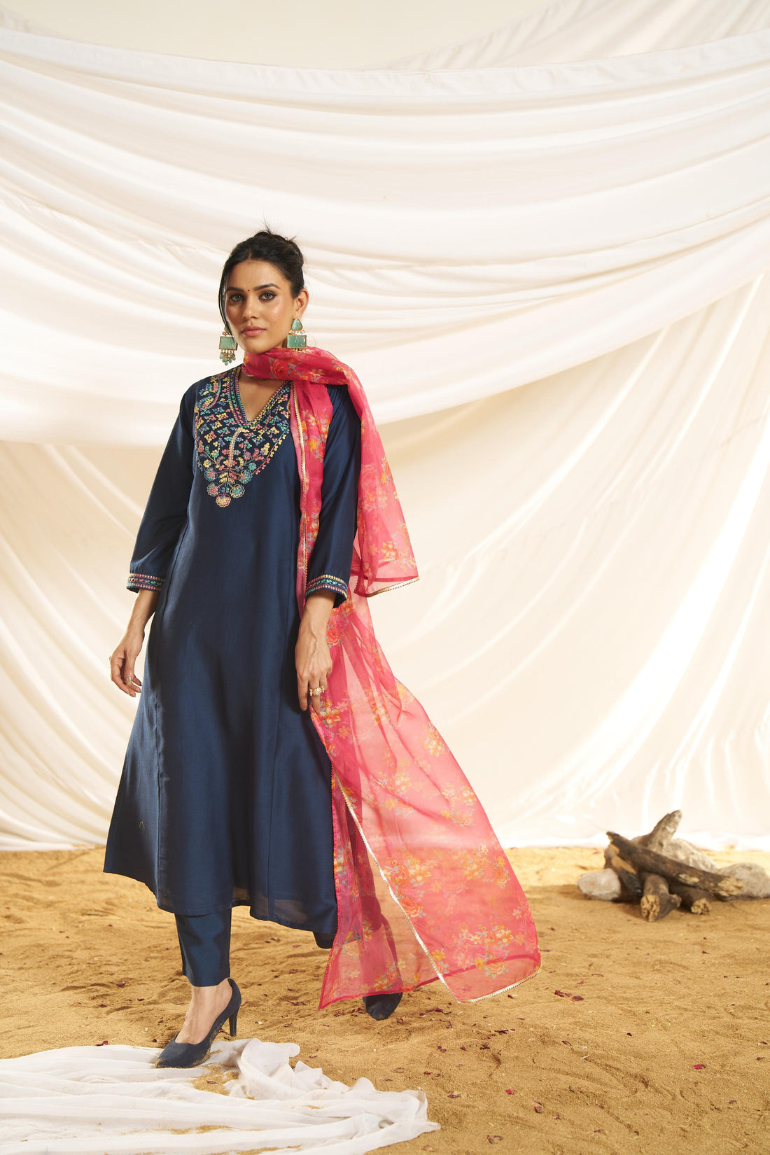 Kayra Navy Multicolor Hand Embroidered Straight Fit Suit Set in Chinnon Silk with Pure Cotton Mul Lining