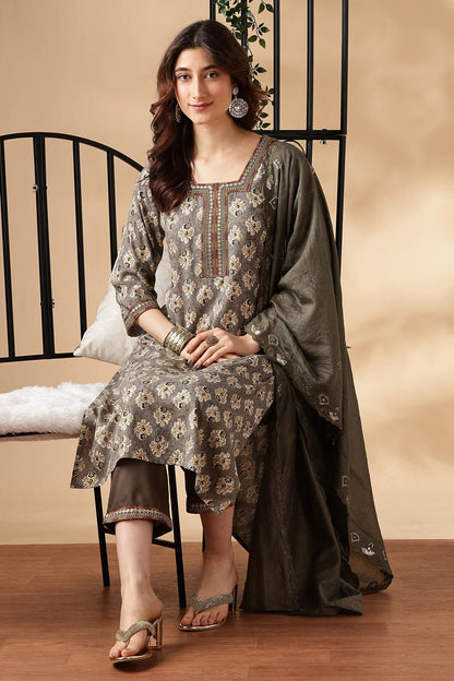 Shamaira Grey Ethnic Printed Salwar Suit with Thread Embroidered Neck Panel in Viscose