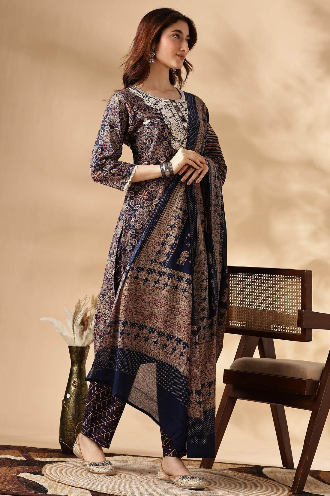 Cotton Navy Kurta Set with Dupatta - BulBul