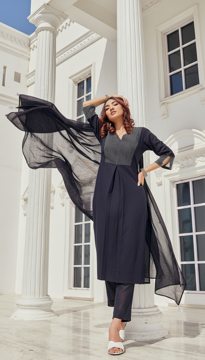 Pure Cotton  Linen Khushi Black Kurta Set with Dupatta FeaturingThread Embroidery on Neckline and Cuffs with Tassel Detailing and Cotton Lining