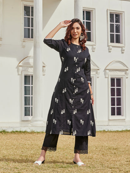 Rashmika Pure Cotton  Linen Black Kurta Set with Classic Embroidered Buti Accents