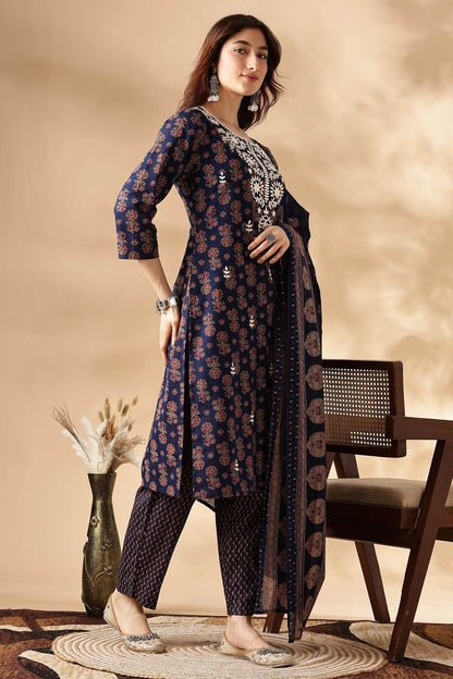Navy Blue Cotton Kurta Set with Dupatta - BulBul