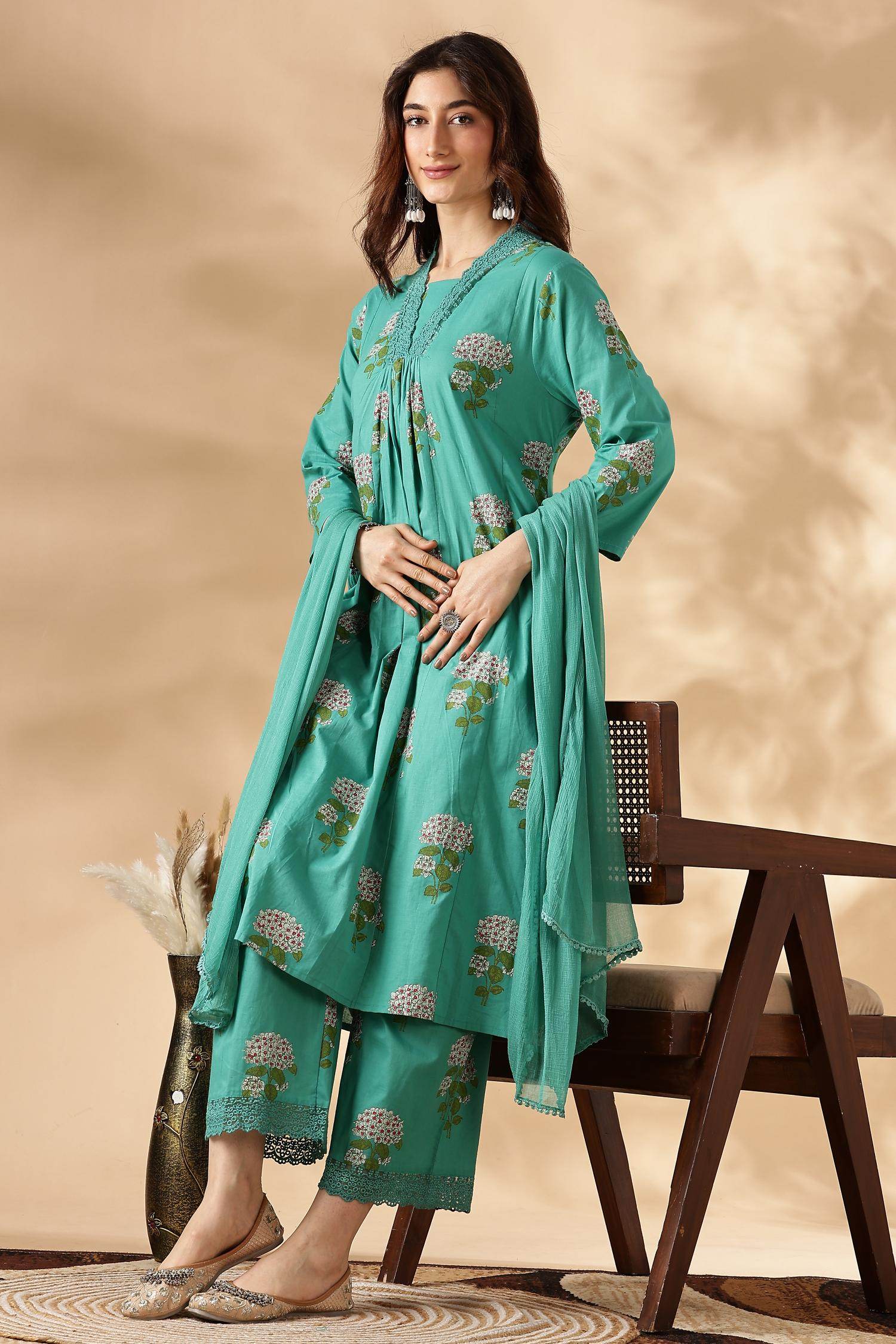 Karishma Cotton Green Kurta Set with Dupatta - BulBul
