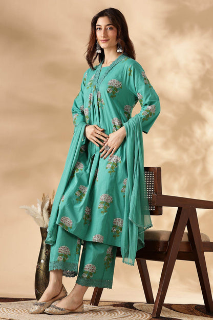 Karishma Cotton Green Kurta Set with Dupatta - BulBul