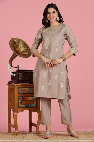 Mocha Mousse Chanderi Silk Kurta Set with Zari Resham Embroidered Yoke and Gold Foil Floral Print with Dupatta