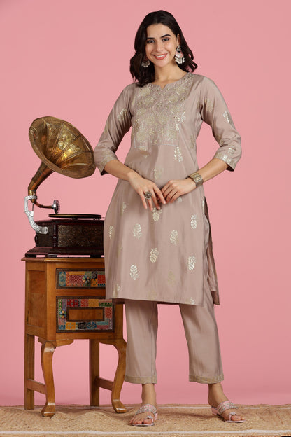 Mocha Mousse Chanderi Silk Kurta Set with Zari Resham Embroidered Yoke and Gold Foil Floral Print with Dupatta