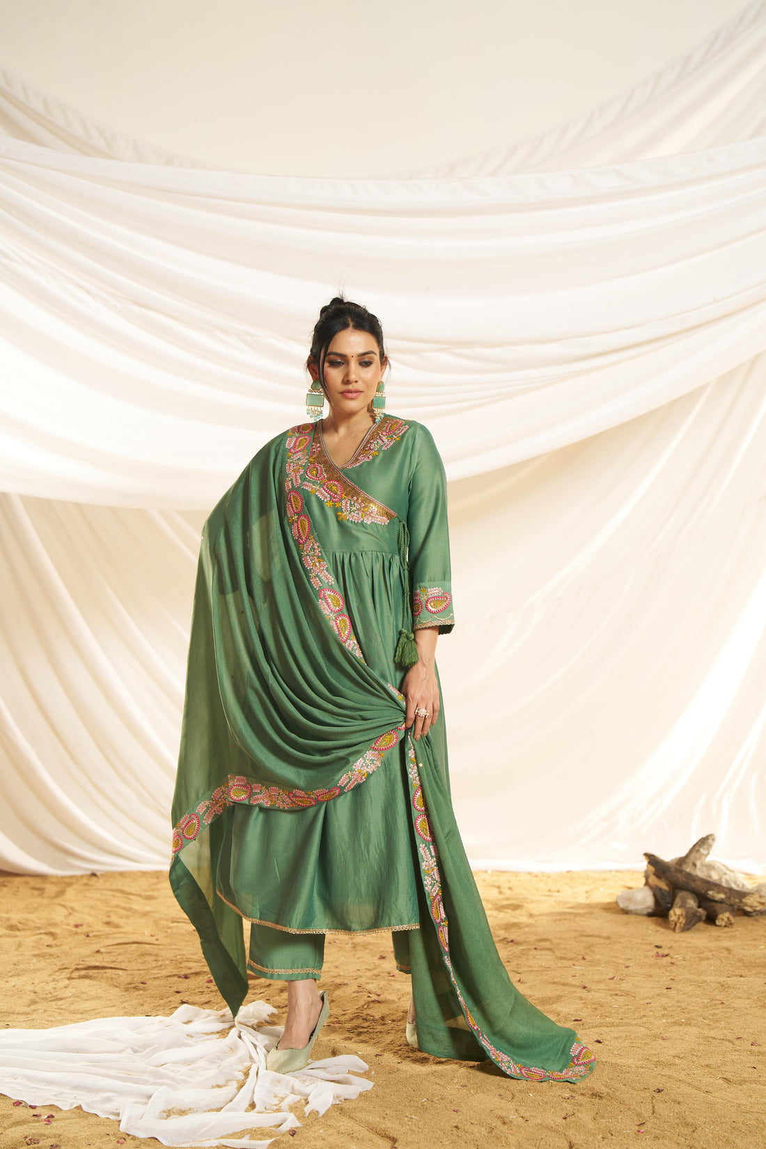 Kayra Green Paisley Hand-Embroidered & Coin Sequin Work Angrakha Suit Set in Chinnon Silk with Cotton Mul Lining