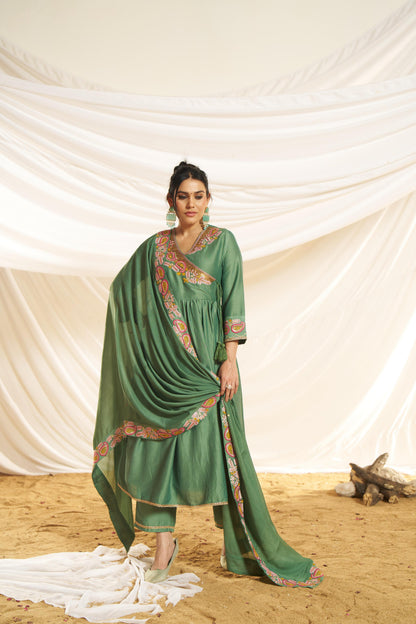 Kayra Green Paisley Hand-Embroidered & Coin Sequin Work Angrakha Suit Set in Chinnon Silk with Cotton Mul Lining