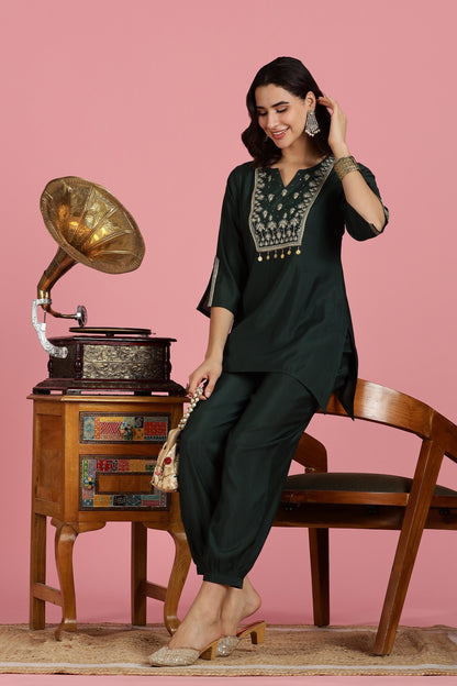Dark Green Solid Chanderi Silk Kurta Set with Zari Thread Embroidered Yoke and Coin Embellishment Detailing