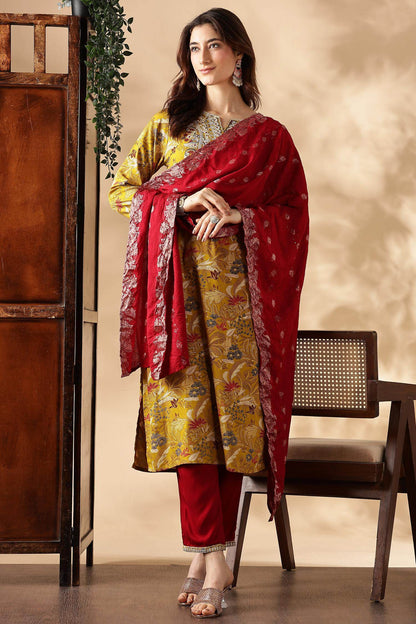 Alfina Yellow Rayon Kurta Set with Dupatta - BulBul