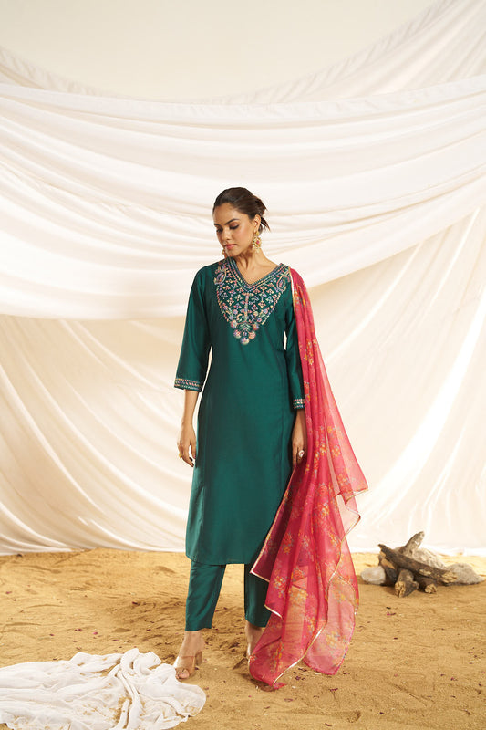 Kayra Green Multicolor Hand Embroidered Straight Fit Suit Set in Chinnon Silk with Pure Cotton Mul Lining