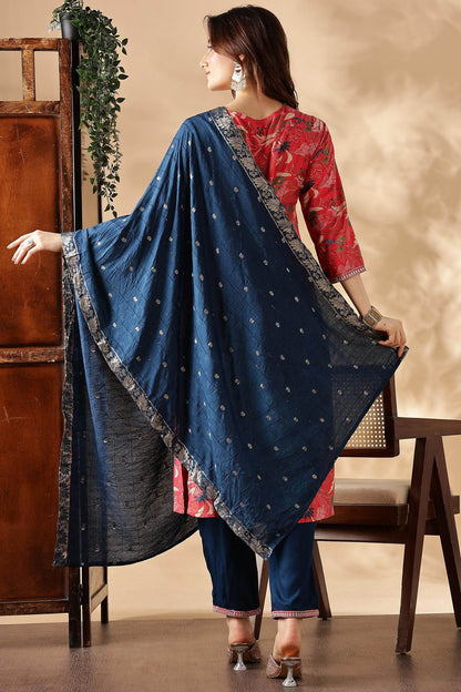 Alfina Red Rayon Kurta Set with Dupatta - BulBul