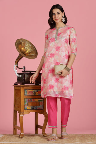 Blush Pink Floral Kota Doriya Kurta Set with Zari & Sequin Hand Embellished Neckline and Cotton Mul Lining