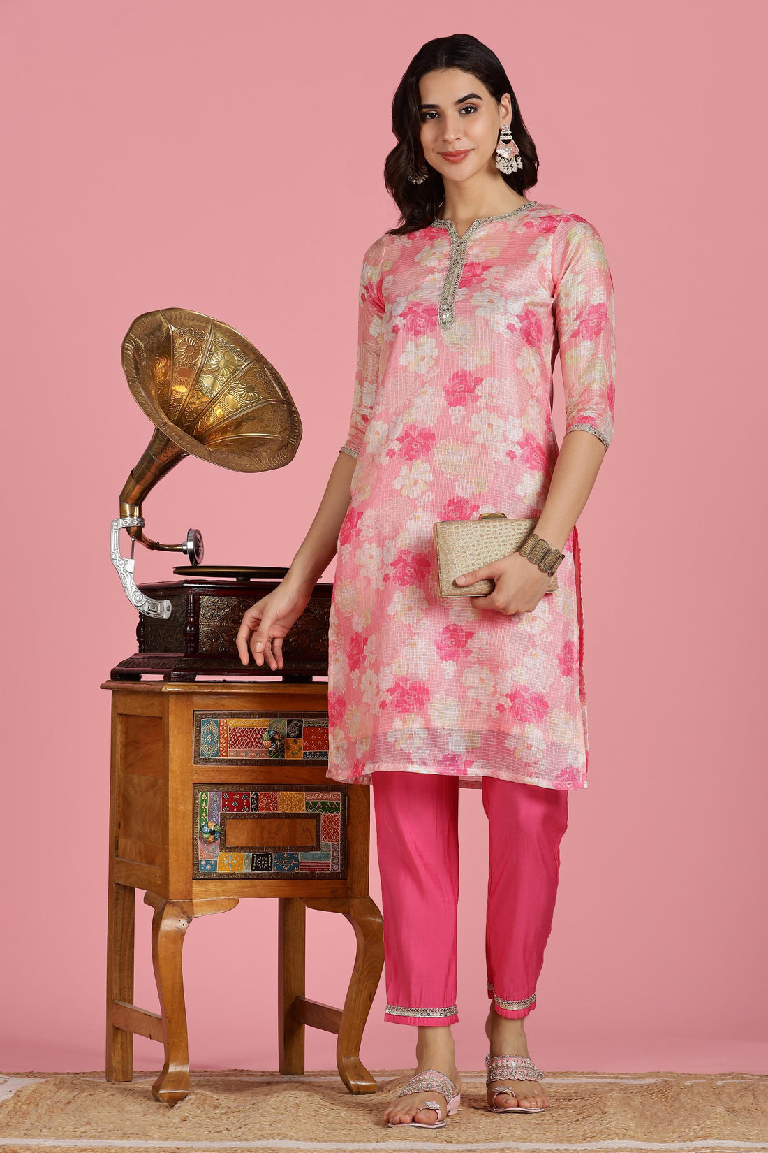 Blush Pink Floral Kota Doriya Kurta Set with Zari & Sequin Hand Embellished Neckline and Cotton Mul Lining