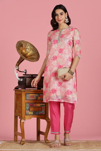 Blush Pink Floral Kota Doriya Kurta Set with Zari & Sequin Hand Embellished Neckline and Cotton Mul Lining