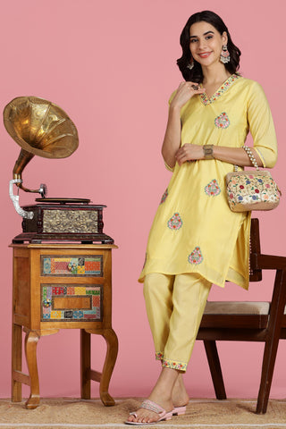 Yellow Chanderi Silk Kurta Set with Resham Floral Embroidery, Zari Highlights and Gota Patti Lace Detailing