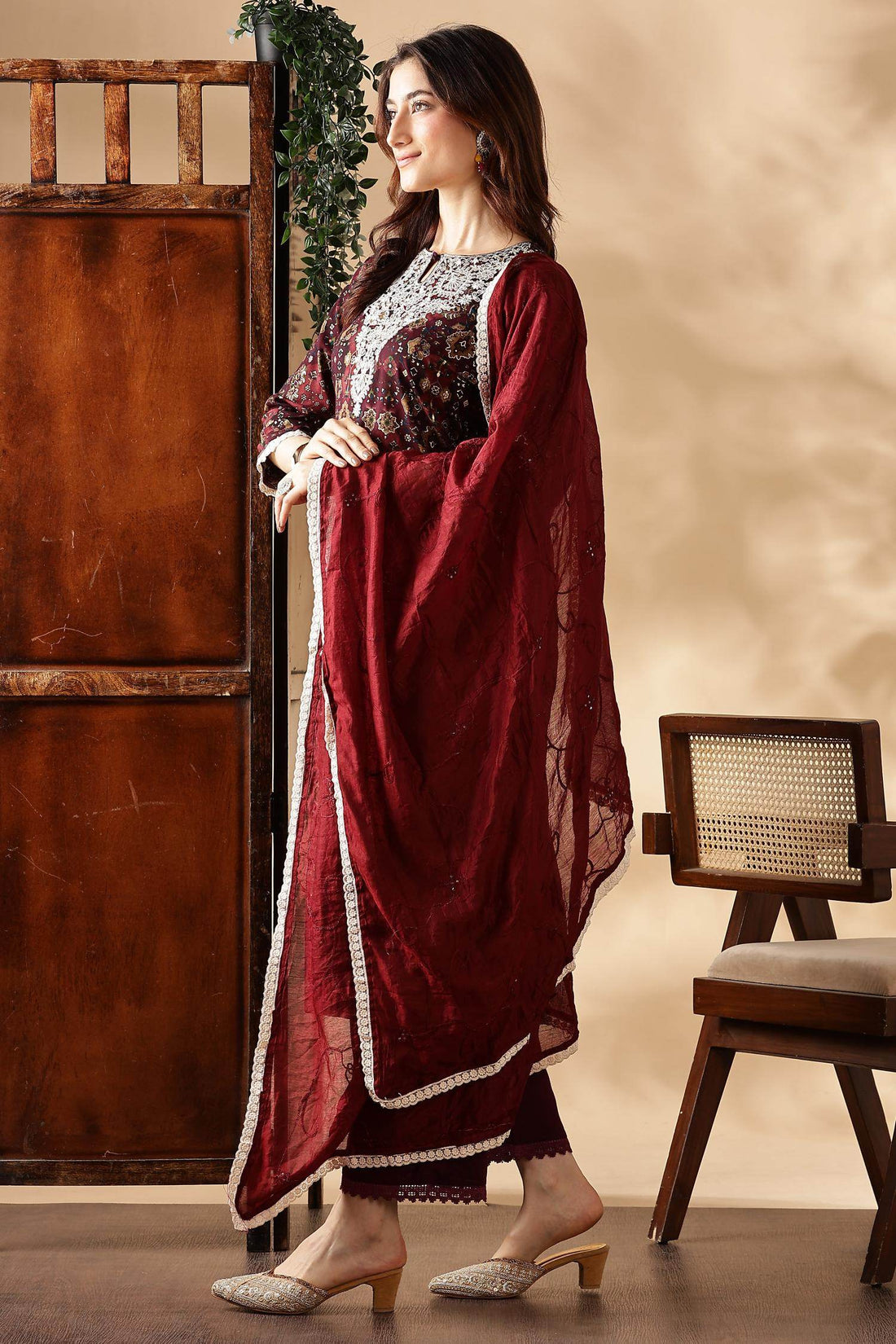 Anjali Wine Rayon Kurta Set with Dupatta - BulBul