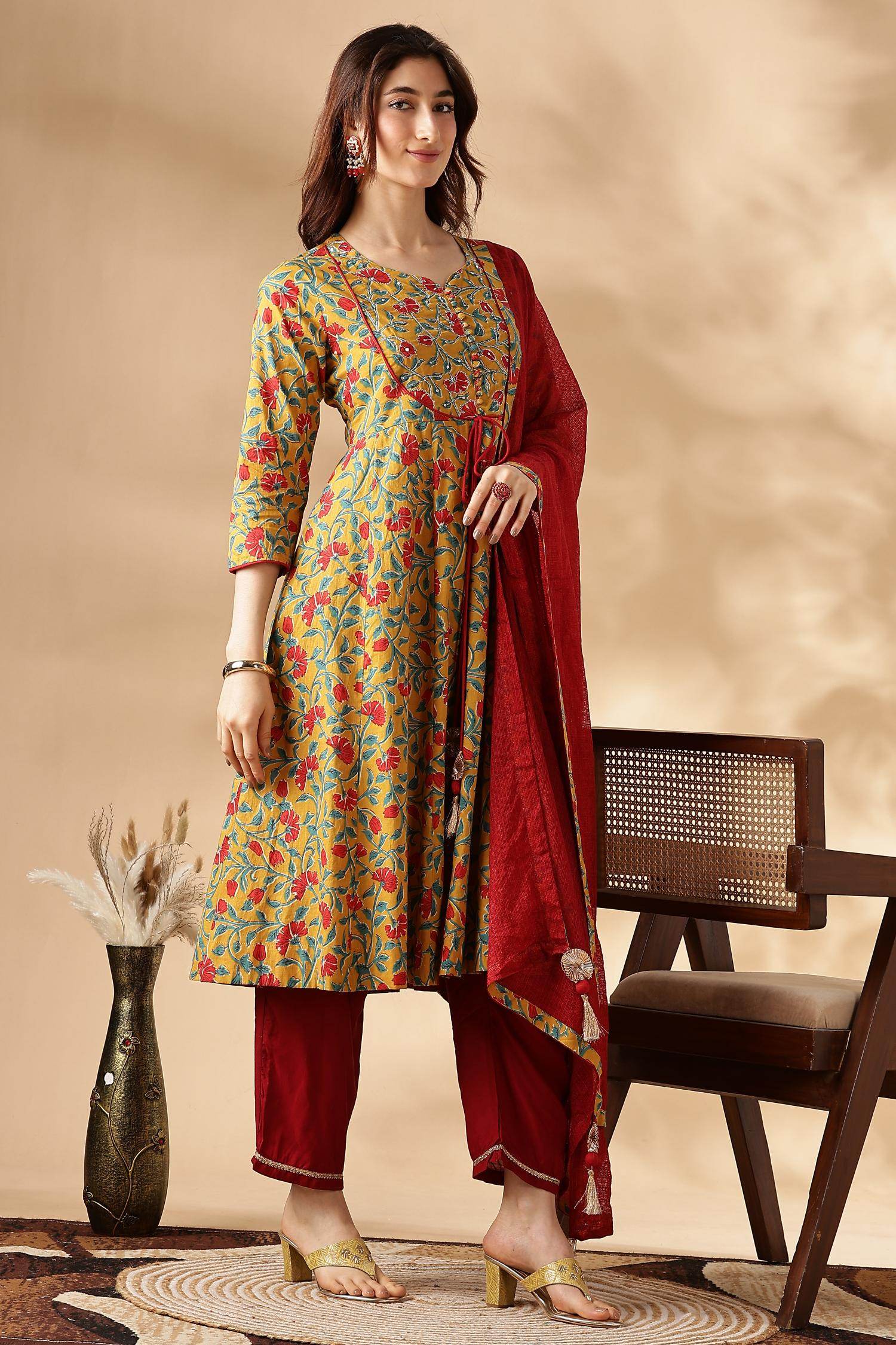 Anupama Cotton Mustard Kurta Set with Dupatta - BulBul