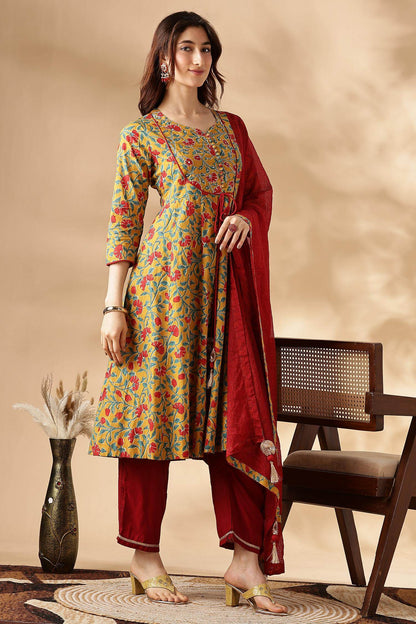 Anupama Cotton Mustard Kurta Set with Dupatta - BulBul