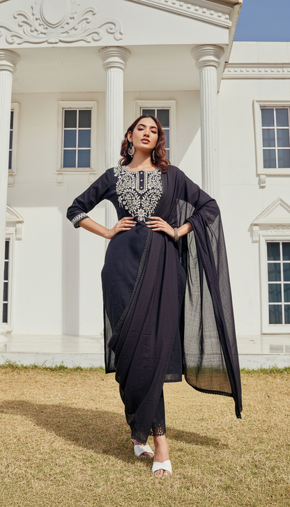 Samantha Black Pure Cotton Linen Kurta Set with Chikankari Floral Embroidered Neckline and Cotton Mul Lining