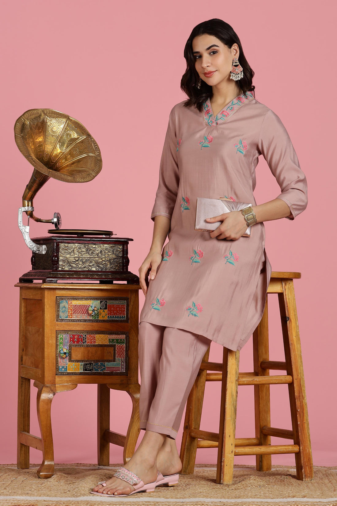 The Suitable Blush Pink Chanderi Silk Kurta Set for Women | Floral Kurta with Zari & Sequin Hand Embellished Neckline | Cotton Mul Lining | Straight Kurta Pant with Dupatta | Festive Ethnic Suit Set