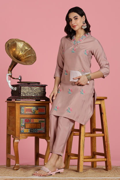 The Suitable Blush Pink Chanderi Silk Kurta Set for Women | Floral Kurta with Zari & Sequin Hand Embellished Neckline | Cotton Mul Lining | Straight Kurta Pant with Dupatta | Festive Ethnic Suit Set