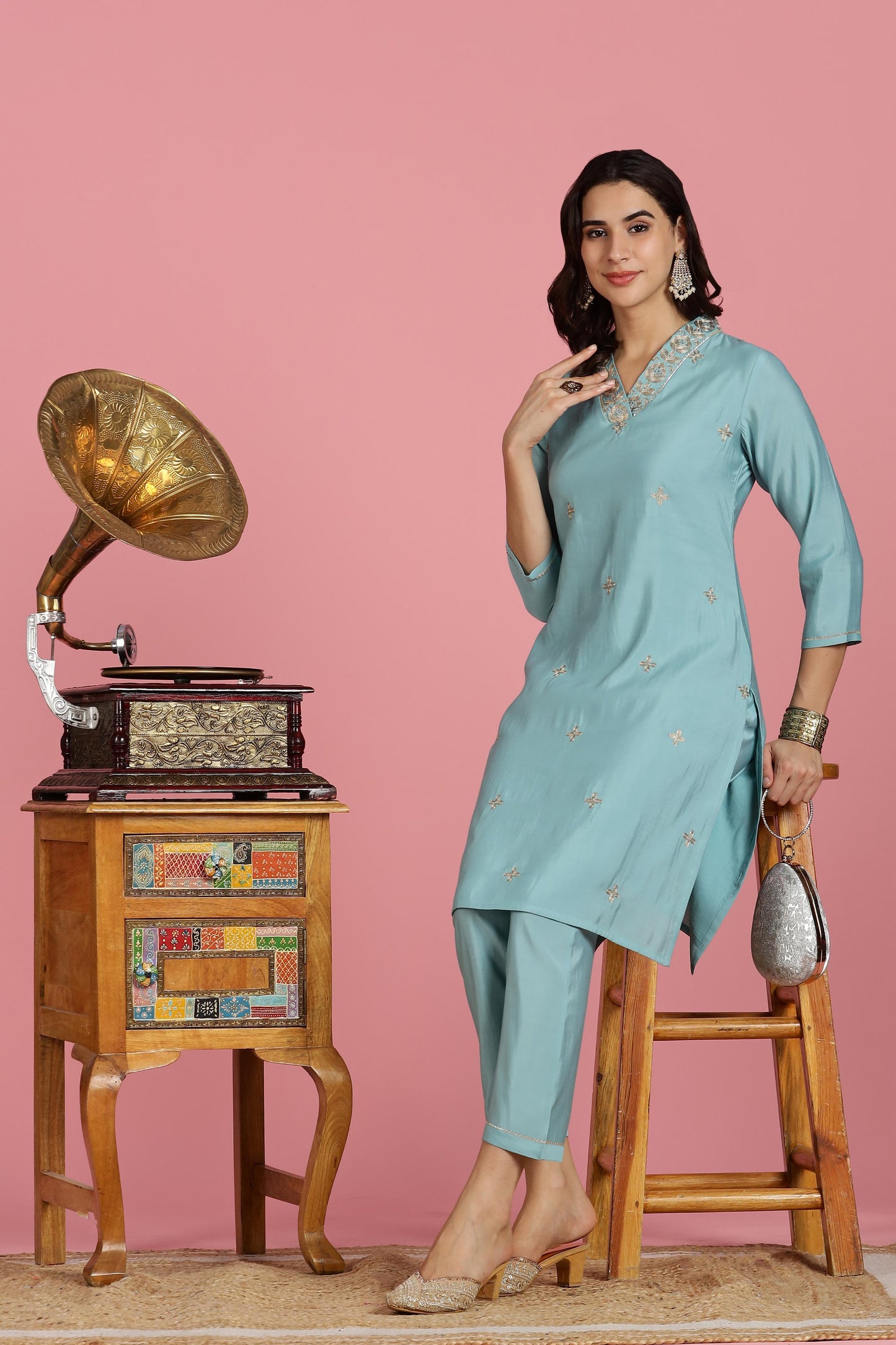 Women Sky Blue Dori Embroidered Roman Silk Kurta Set