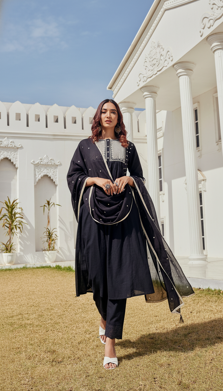 Abhilasha Pure Cotton Linen Black Kurta Set with Intricate Thread Embroidery and Mirror Accents, Embroidered Sleeves and Cotton Mul Lining