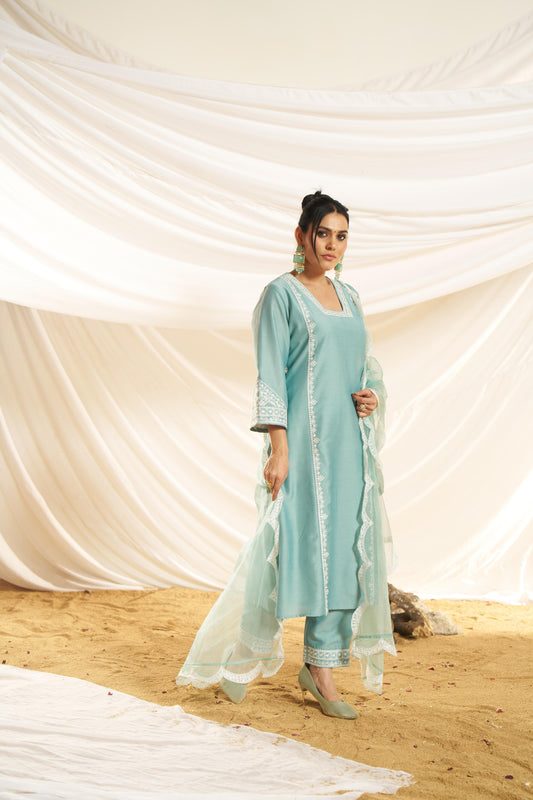 Kayra Aqua Hand Aari Embroidered A-Line Suit Set in Chinnon Silk with Pure Cotton Mul Lining