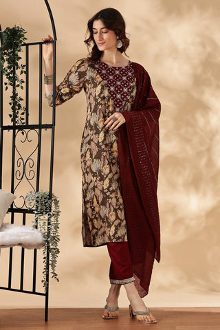 Areba Wine & Teal Printed Salwar Suit with Intricate Zari Lattice Hand Embroidery Neck Panel in Viscose