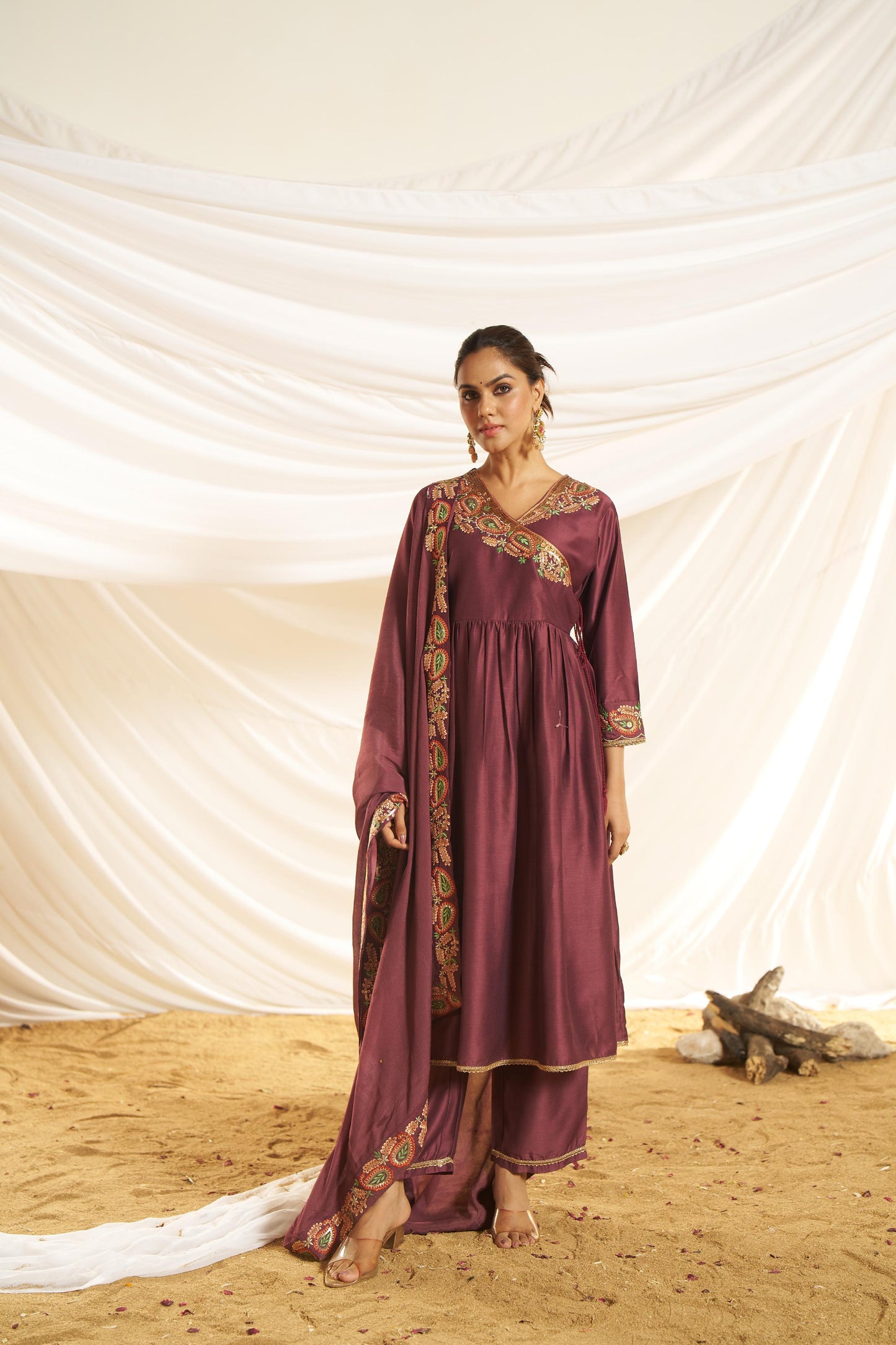 BulBul Women Wine Embroidered Premium Silk Angrakha Pattern Flare Suit With Dupatta