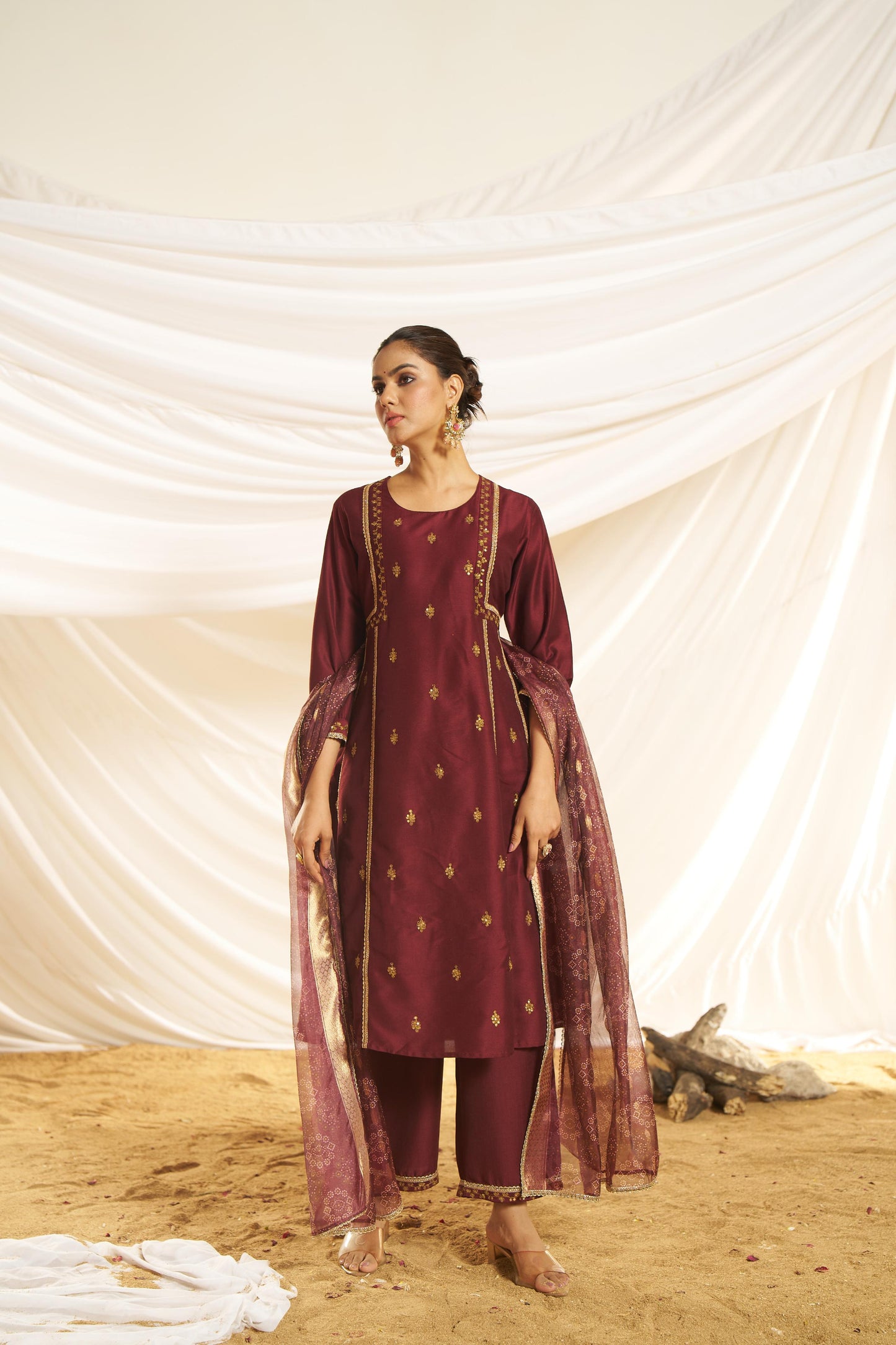 BulBul Women Kayra Maroon Embroidered Premium Silk Suit With Dupatta