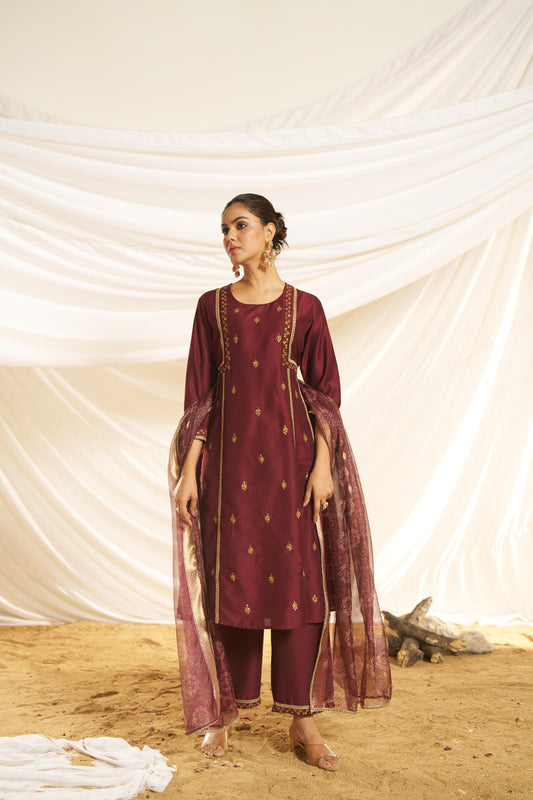 Kayra Maroon Sequins Motif Work A-Line Suit Set with Lace Border Detail in Chinnon Silk with Pure Cotton Mul Lining