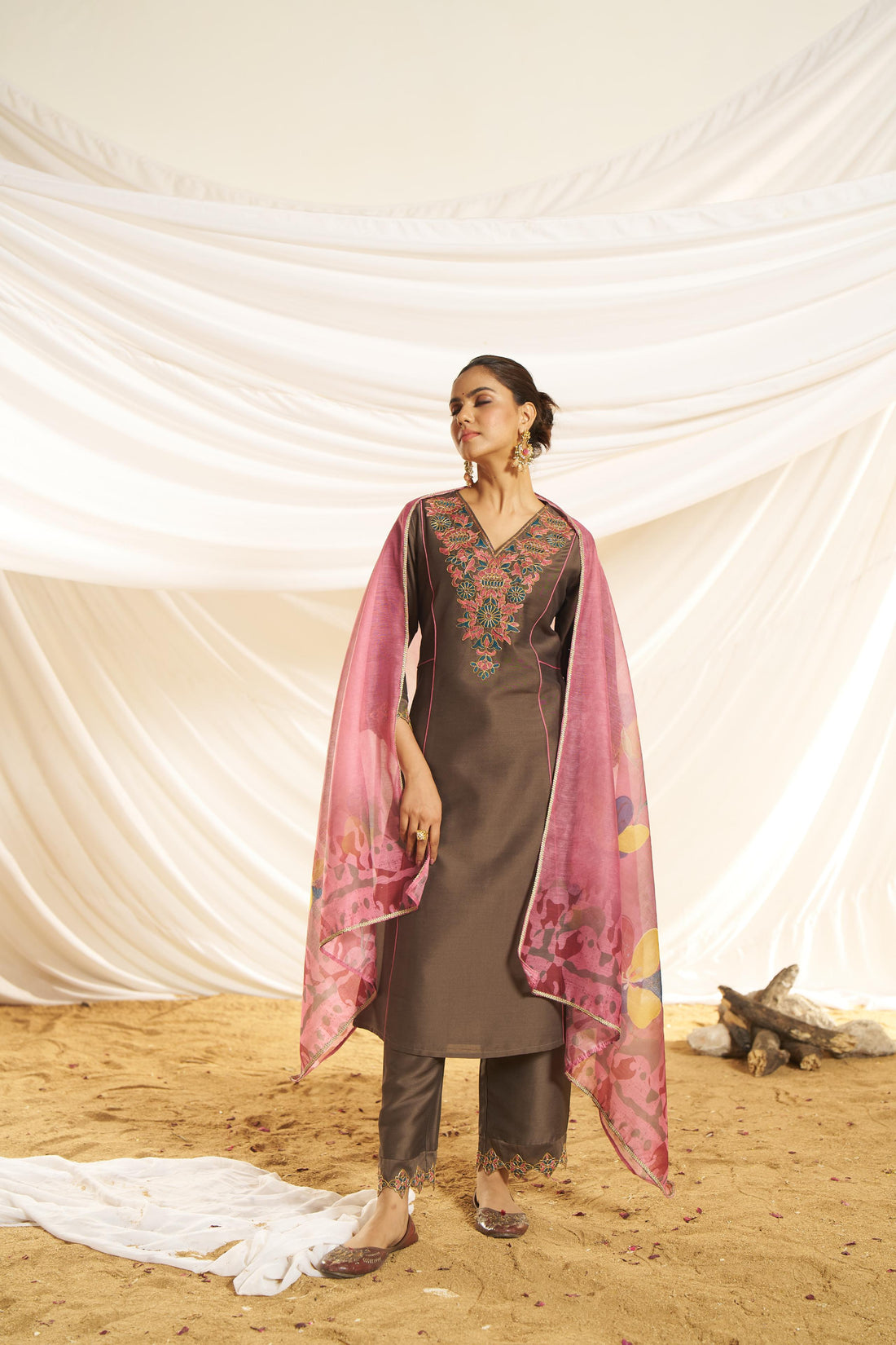 Kayra Brown Hand Bead-Finished Embroidered A-Line Suit Set in Chinnon Silk with Pure Cotton Mul Lining