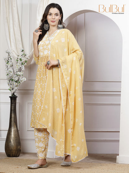 Pure Cotton Gulfam Off White Floral Printed Kurta Set with Cotton Mul Lining, Glass Bugle Handwork Neckline and Dupatta