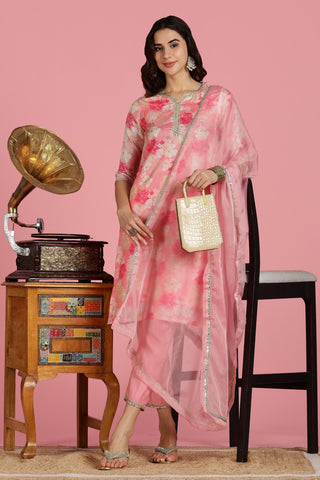 Women Peach Kota Doriya Kurta Set with Dupatta