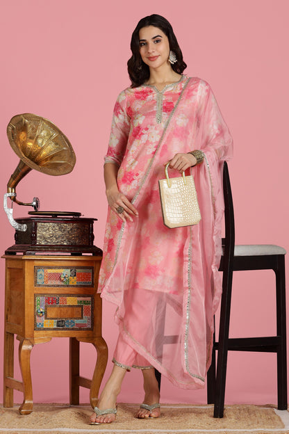 Women Peach Kota Doriya Kurta Set with Dupatta